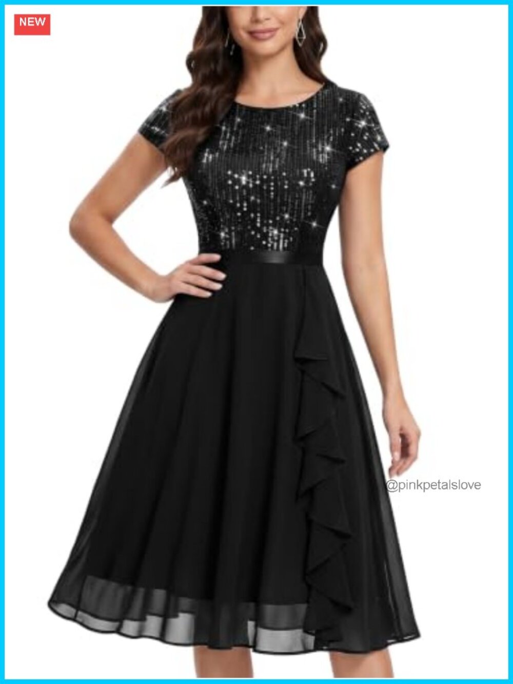 Womens Glitter Sequin Ruffle Cocktail Prom Dress A-Line Knee Length